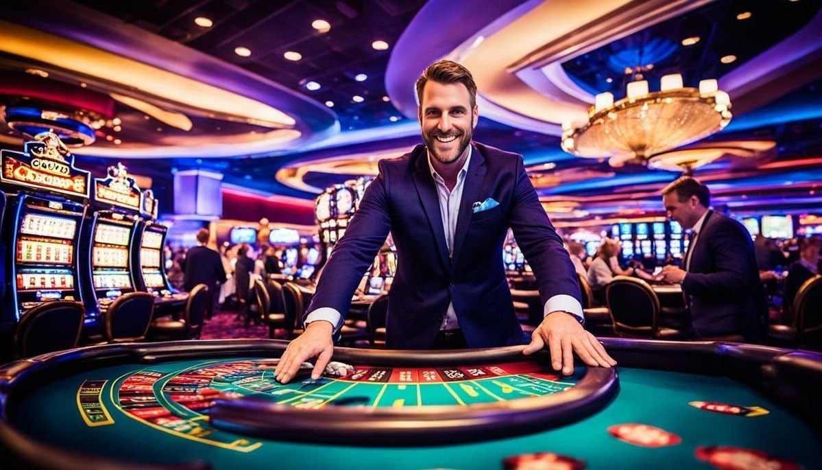 Ilustrasi grafik kemenangan pemain slot dan sportsbook vip4dp dengan efek neon merah